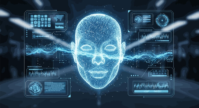 Futuristic AI Humanoid Face Hologram Digital Cyber Intelligence Network Interface Vector Illustration