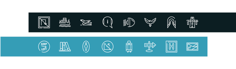 taxi service outline icon set featuring no turn, water taxi, take off, information icons. © VectorStockDesign