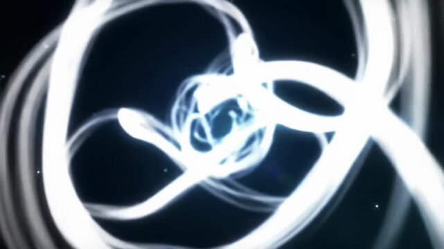 Mesmerizing white light trails coil into calligraphic patterns against a cosmic blue-cyan void, emitting ethereal glows, cinematic lens flares, and volumetric light rays. Futuristic dreamlike concept