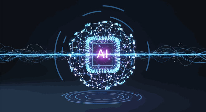2026 AI Neural Network Core Processor Visualization Digital Brain Data Flow Vector Illustration
