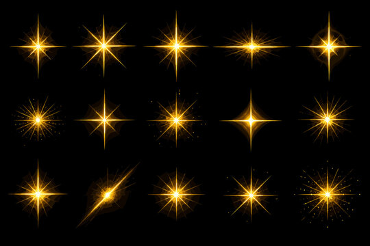 Collection of golden starbursts and light flares on a black background