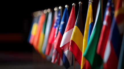 Fototapeta premium Row of Diverse Flags Representing Various Nations in a Formal Setting, Symbolize Unity, International Cooperation, and Global Relations
