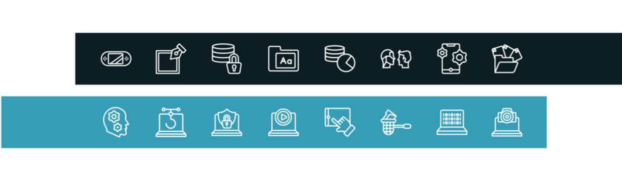 computer and files outline icon set featuring handheld console, edit tool, data encryption, fonts icons.