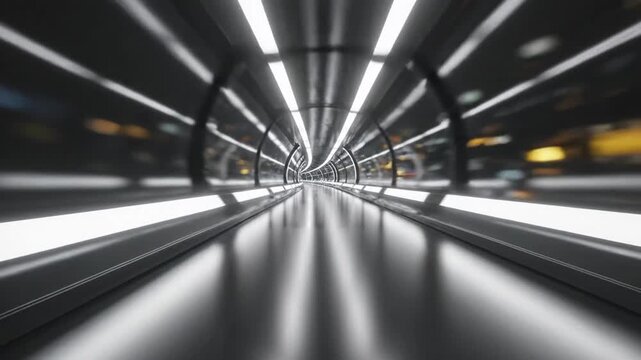Sleek futuristic illuminated tunnel with reflective floor and white lights