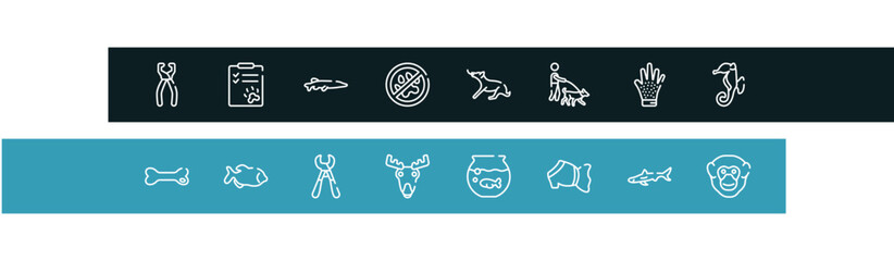 fauna outline icon set featuring nail trimmer, dog health list, big pike, no animals icons. © VectorStockDesign