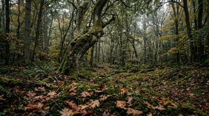 Fototapeta premium Gnarled mossy tree trunk standing in a tranquil temperate forest floor