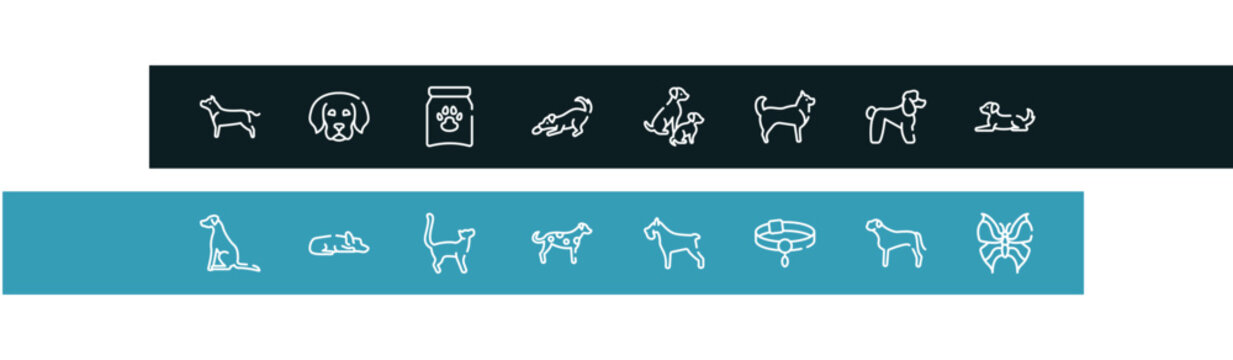 insects outline icon set featuring american staffordshire terrier, dog puppy, treat, dogs playing icons.