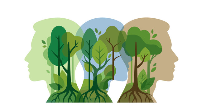 Human heads with trees growing inside symbolizing nature connection and mental growth