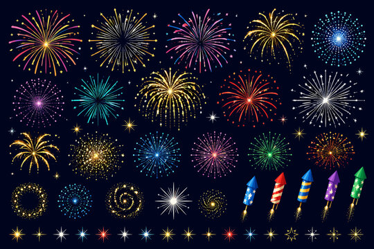 Collection of colorful fireworks and rockets exploding in the night sky