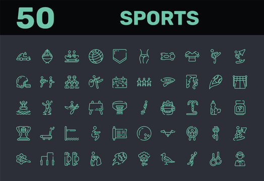 sports outline icon set featuring go kart, asian hat, bobsledding, fitness ball icons.