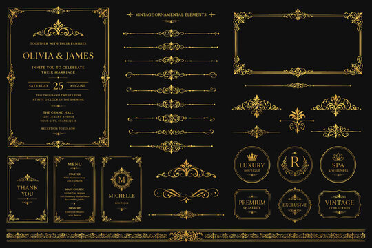 Elegant gold vintage ornamental elements for luxury invitations and branding