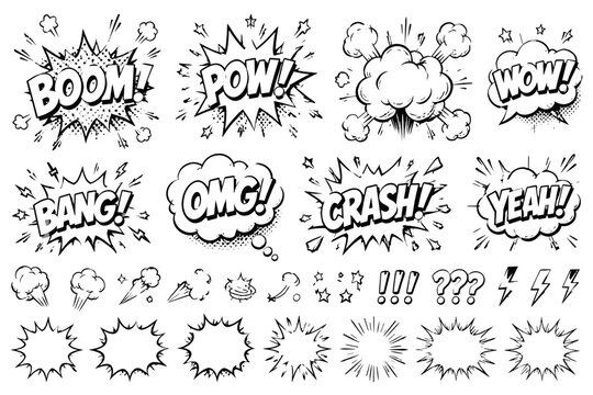 Collection of comic book sound effects and speech bubbles with text