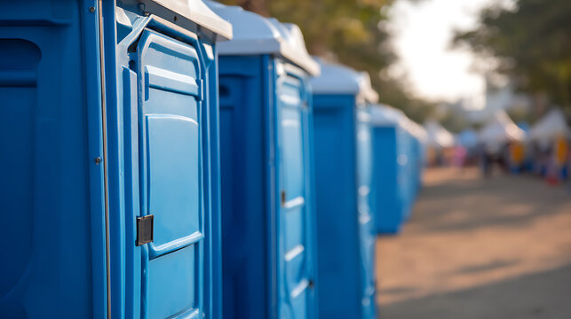 Row of blue portable toilets or porta-potties at an outdoor event, festival, or construction site in bright daylight with a shallow depth of field