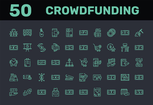 crowdfunding outline icon set featuring water hine, calculate, influencer, netoworking icons.
