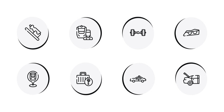 car engine outline icon set featuring hydration, train operator, axle, car lights icons.