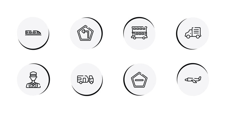 airplanes outline icon set featuring hyperloop, left turn, double decker bus, mini truck icons.