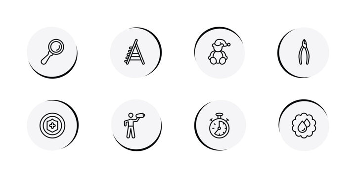 general outline icon set featuring magnifiying glass, stepladder, teddy bear with sleep hat, nippers icons.