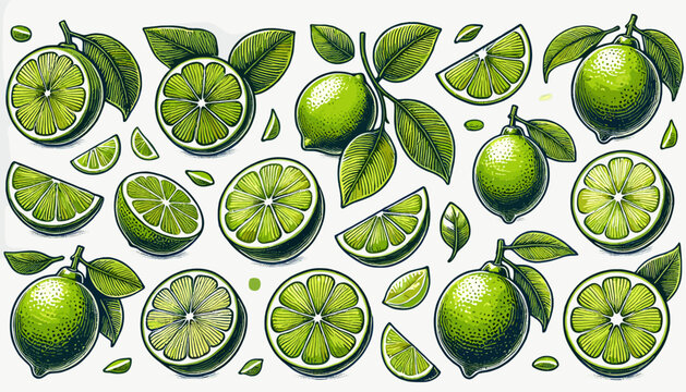Vibrant green limes and leaves arranged in a lively, refreshing pattern