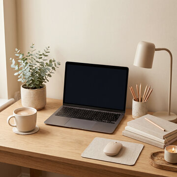 Laptop with blank screen on wooden desk with coffee and plant