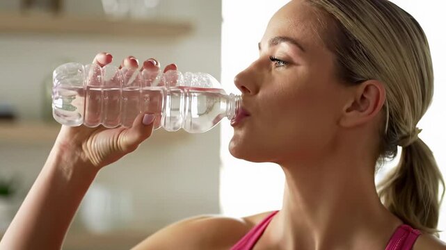 Young caucasian woman in a vibrant pink sports bra sips water, feeling deeply refreshed. Blurred indoor background, soft bokeh, subtle push-in. Concept of hydration and well-being