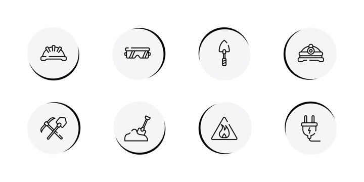 home repair fill outline icon set featuring iron helmet, protection glasses, garden trowel, torch helmet icons.