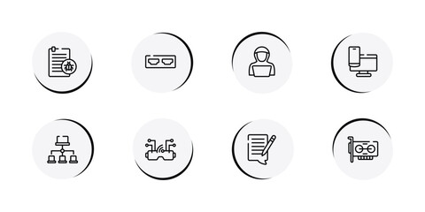 hardware outline icon set featuring corrupt file, hdmi port, hack, responsive website icons. © VectorStockDesign