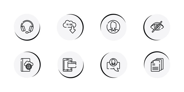 computer and media outline icon set featuring heads with microphone, null, user inside circle, visibility off icons.