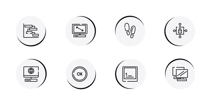 modern screen outline icon set featuring chart gantt, all screens sizes, footsteps, locked internet security padlock icons.