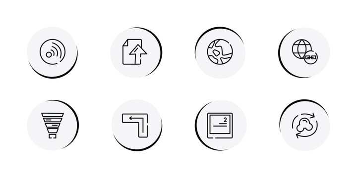 cloud computing outline icon set featuring rss updates subscription, ftp upload, map, earth link icons.