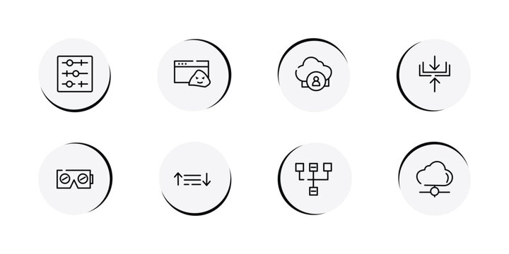 cloud service outline icon set featuring tuning, rootkit, cloud user, compression icons.