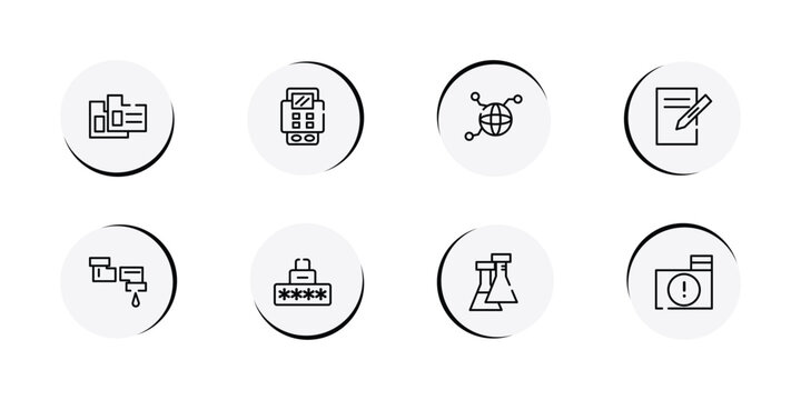 cyber robbery outline icon set featuring case data, bank terminal, connected, text editor icons.