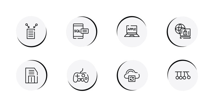 nerd outline icon set featuring data collection, sql, laptop computer, remote access icons.