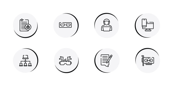 hardware outline icon set featuring corrupt file, hdmi port, hack, responsive website icons.