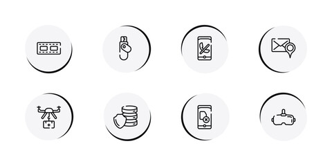 Fototapeta premium electronic device outline icon set featuring reel, flash disk, missed call, addressee icons.