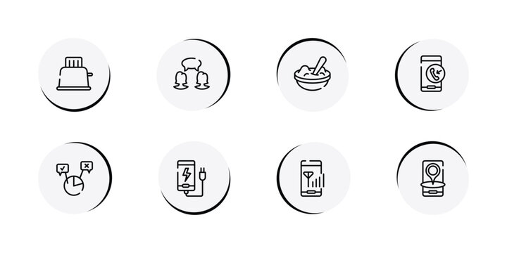 phoneset outline icon set featuring toaster, confirmity, mashed potato, incoming call icons.