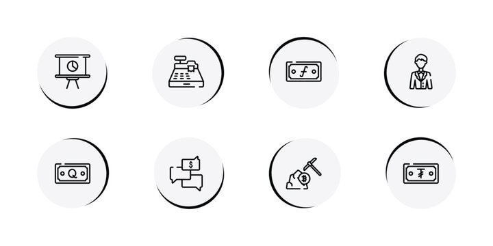 business outline icon set featuring invest, cancelation, centralized, confidence icons.