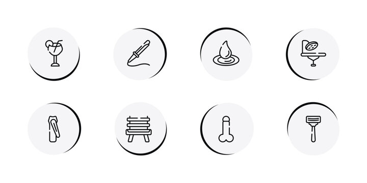 hairdressing and esthetics outline icon set featuring margarita, curling, waterdrop, operating table icons.
