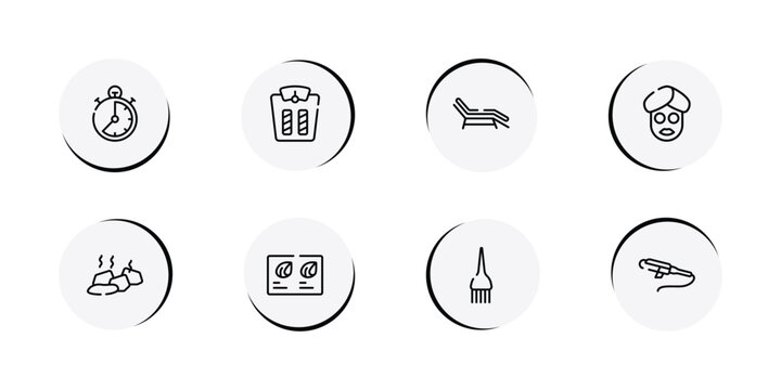 hairdressing and barber outline icon set featuring stopclock, weighing, sunbed, facial mask icons.