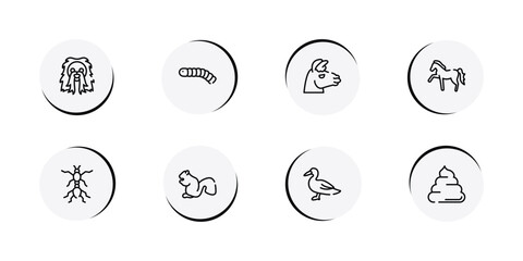 woof woof outline icon set featuring long haired dog head, silkworm, lama head, horse with leg up icons. © VectorStockDesign