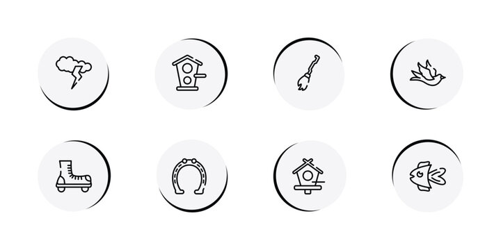 funny animals outline icon set featuring cloud and lightnings, birds home, broom, black bird icons.