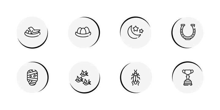 horses outline icon set featuring bird and egg, egg in a nest, moon and stars, horseshoe icons.