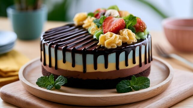 A colorful multi layered chocolate cake topped with fresh fruit and cream presenting a vibrant and sweet dessert