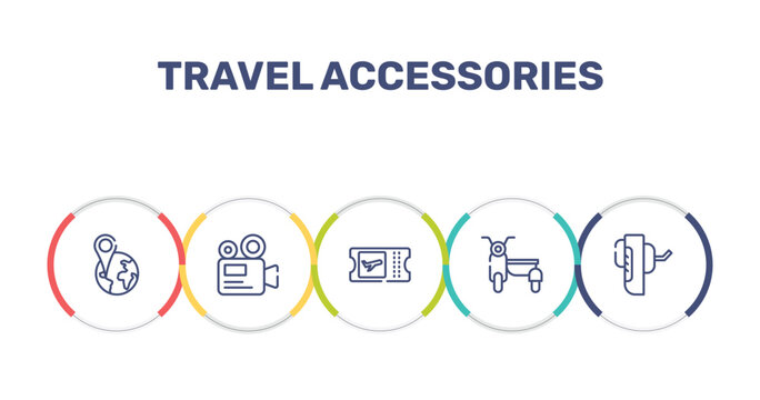 travel accessories outline icon set featuring position, camera recorder, boarding card, sidecar icons.