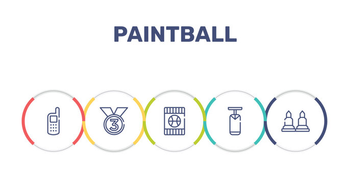 paintball outline icon set featuring variometer, third place, blue card, boxing bag icons.