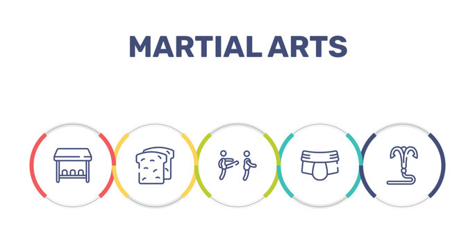 martial arts outline icon set featuring team bench, whole wheat bread, disciple, jockstrap icons.