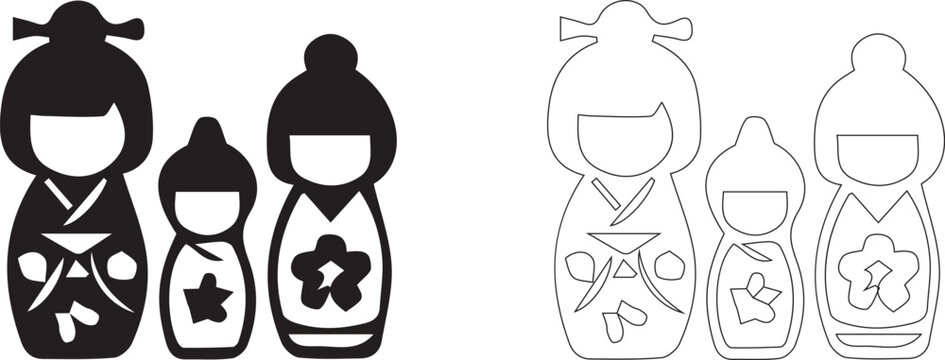 Traditional Japanese kokeshi wooden dolls vector illustration set in silhouette and outline 