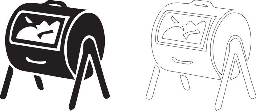 Garden compost tumbler bin vector illustration set in silhouette and outline 