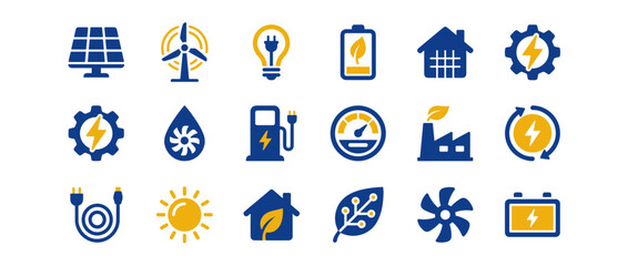 Fototapeta premium Set of clean energy icons representing solar power wind energy battery charging and eco friendly technology concepts