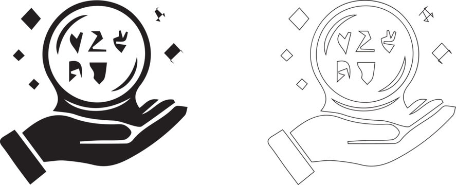 Magic crystal ball on hand with mystical runes vector icon set in filled and line art styles