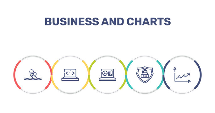 business and charts outline icon set featuring waterpolo, clean code, statistics on screen, ssl icons.